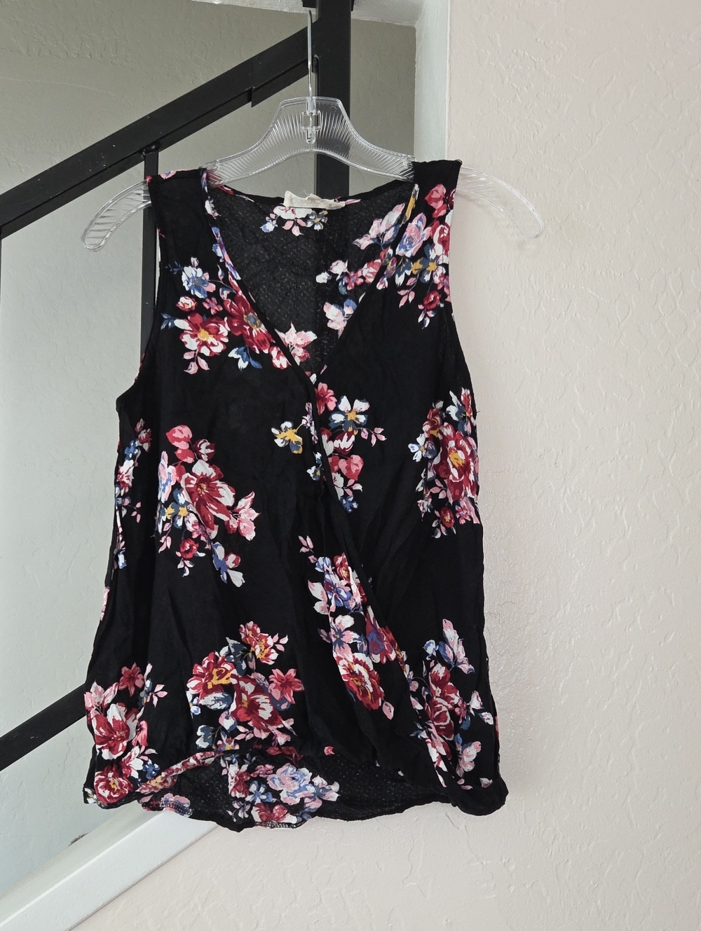 Pink Rose Black Floral Wrap-Front Tank Size S